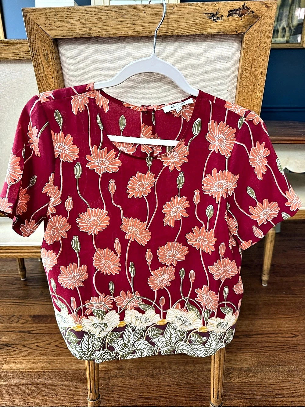 Madewell Silk Button-Back Border Print Blouse Red & Orange XS